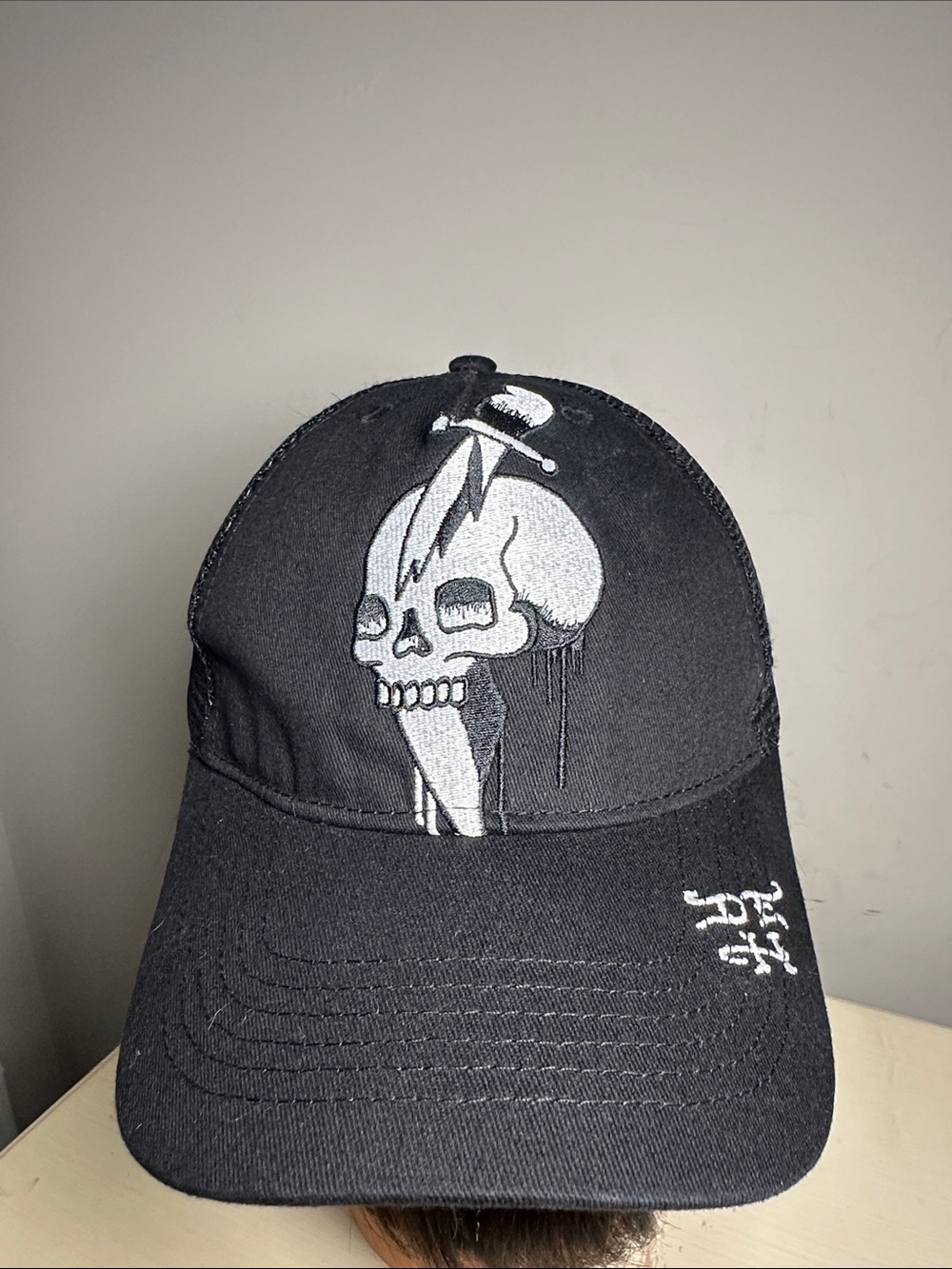 Ed Hardy Black Skull & Dagger Baseball Cap White Embroidered Graphic